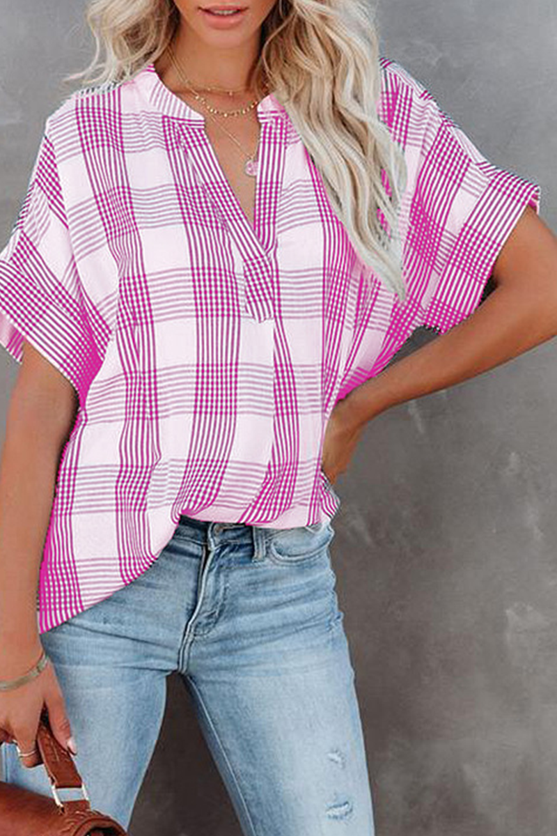 Casual Plaid Split Joint V Neck Tops(5 colors)