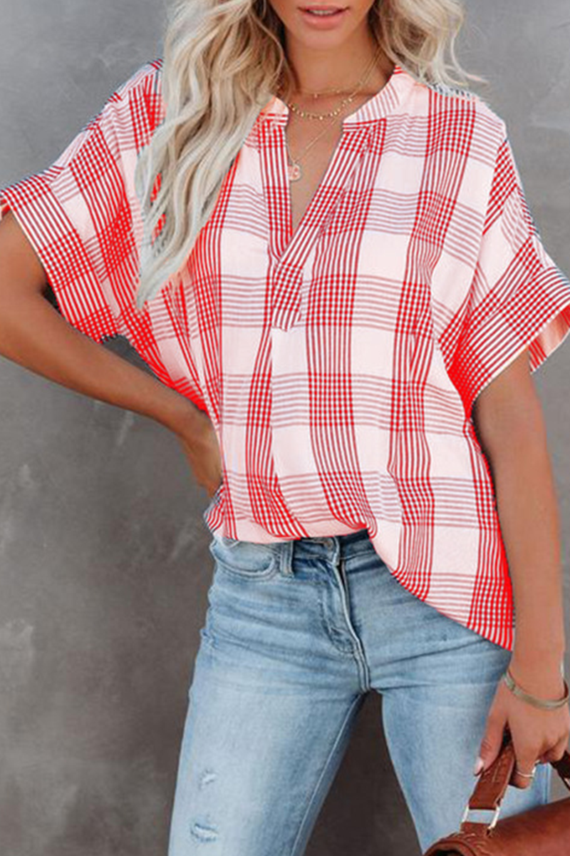 Casual Plaid Split Joint V Neck Tops(5 colors)