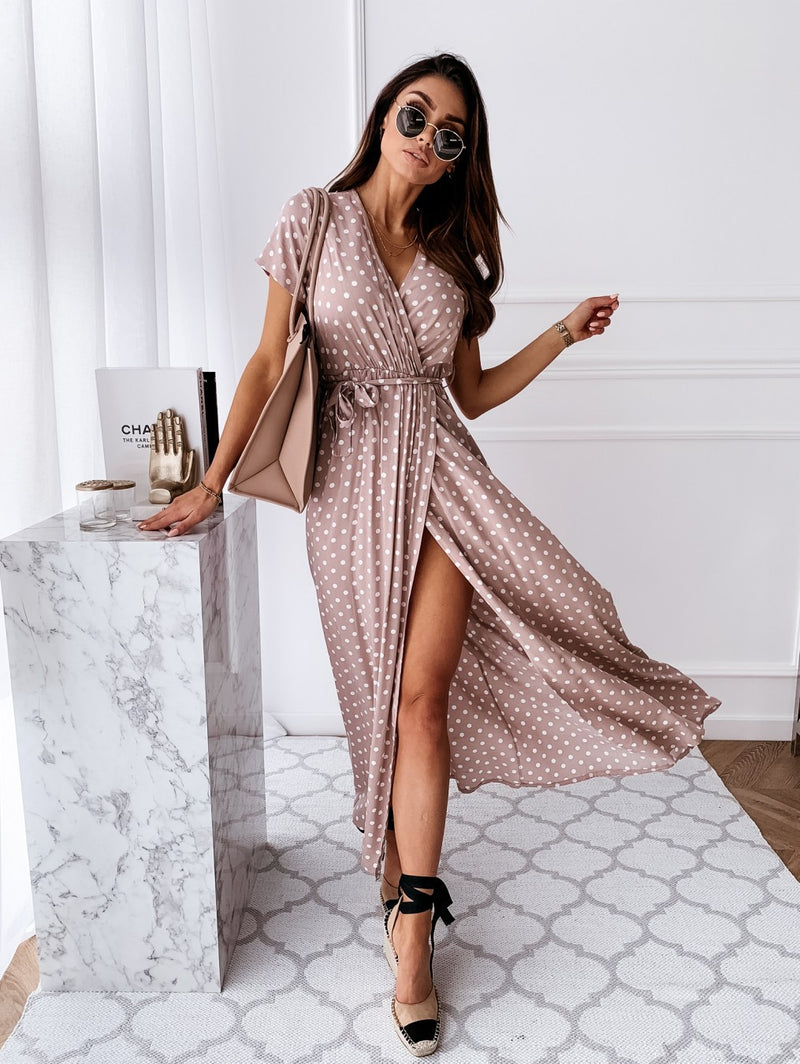 Polka Dot V Neck Side Split Short Sleeve Maxi Dress