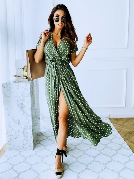 Polka Dot V Neck Side Split Short Sleeve Maxi Dress