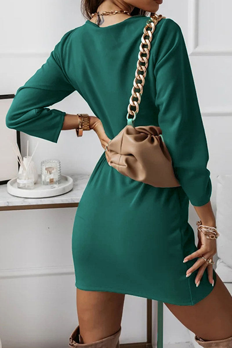 Fashion Elegant Solid Split Joint Fold V Neck Pencil Skirt Dresses(4 colors)