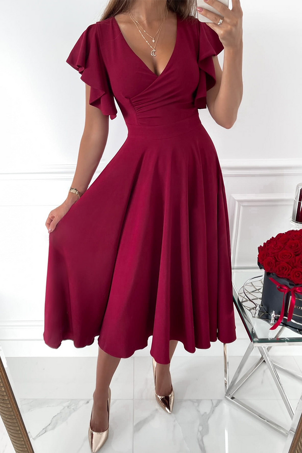 Casual Solid Flounce V Neck Cake Skirt Dresses