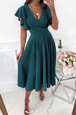 Casual Solid Flounce V Neck Cake Skirt Dresses