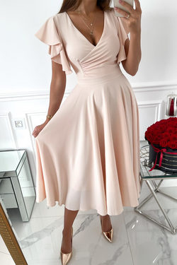 Casual Solid Flounce V Neck Cake Skirt Dresses