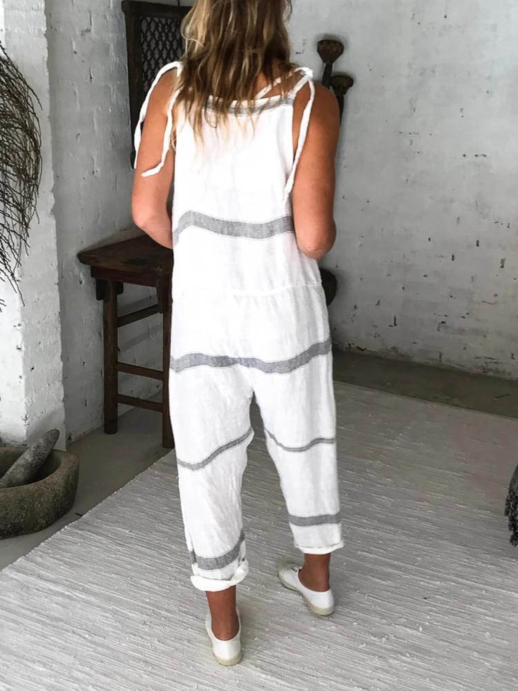 Striped Lace-up Pocket Loose Jumpsuit