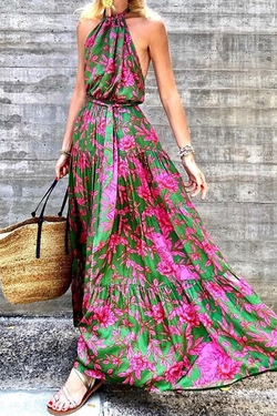 Casual Print Patchwork Halter Waist Skirt Dresses