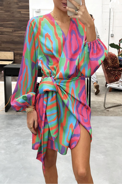 Casual Print Split Joint V Neck Irregular Dress Dresses