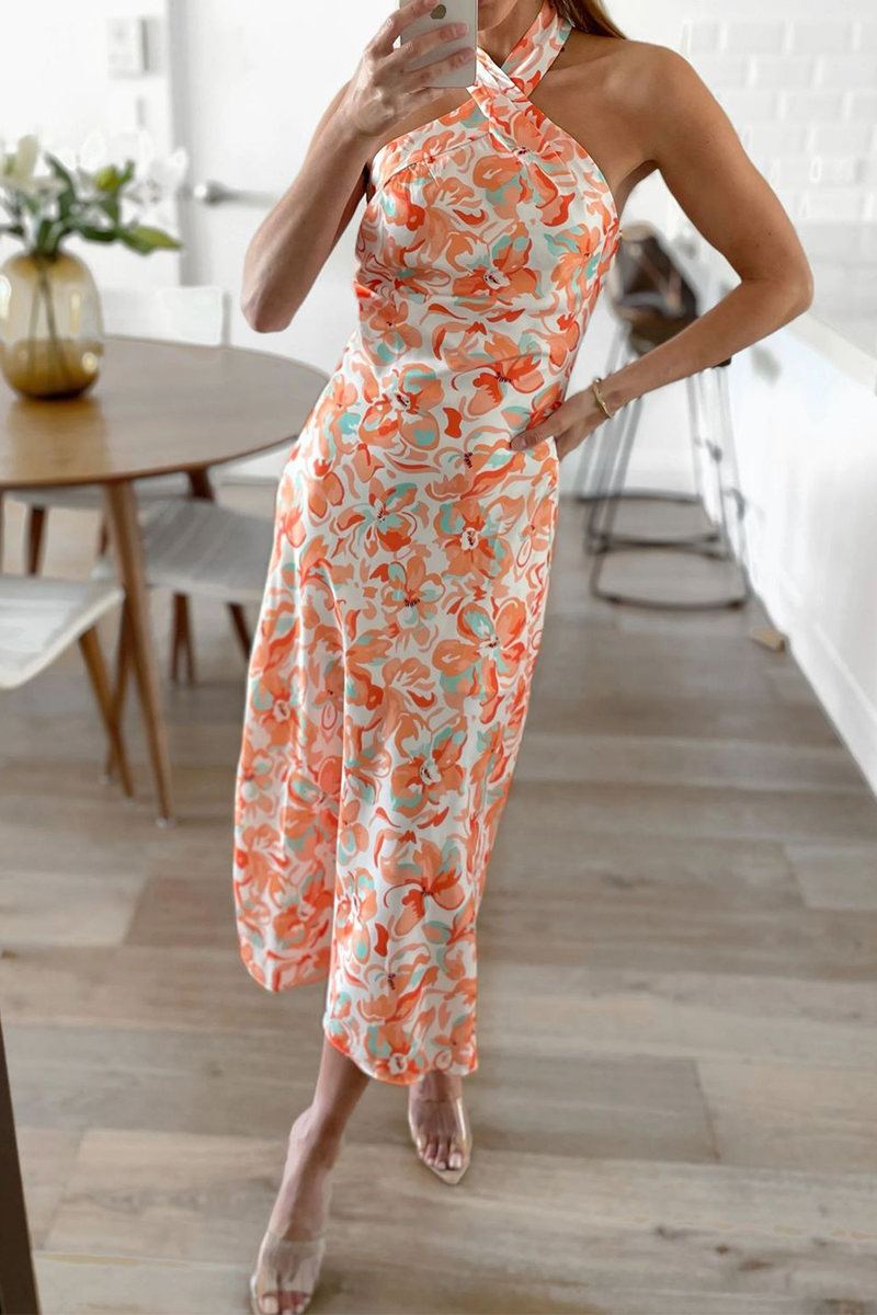 Casual Print Split Joint Halter Straight Dresses