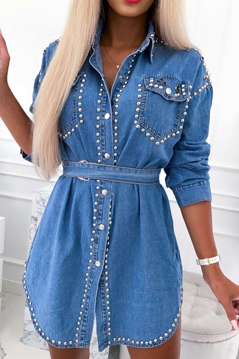 Casual Print Beading Turndown Collar Shirt Dress Dresses