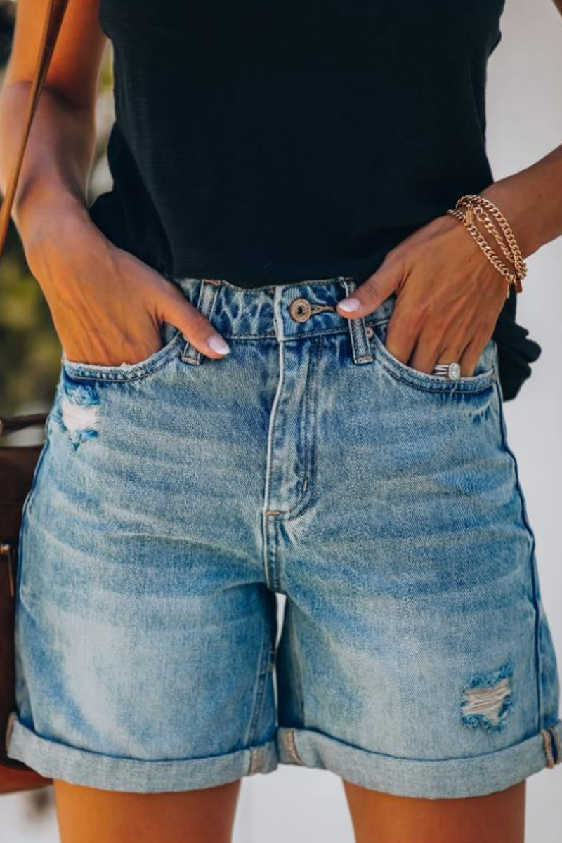 Casual Solid Split Joint Mid Waist Straight Denim Shorts