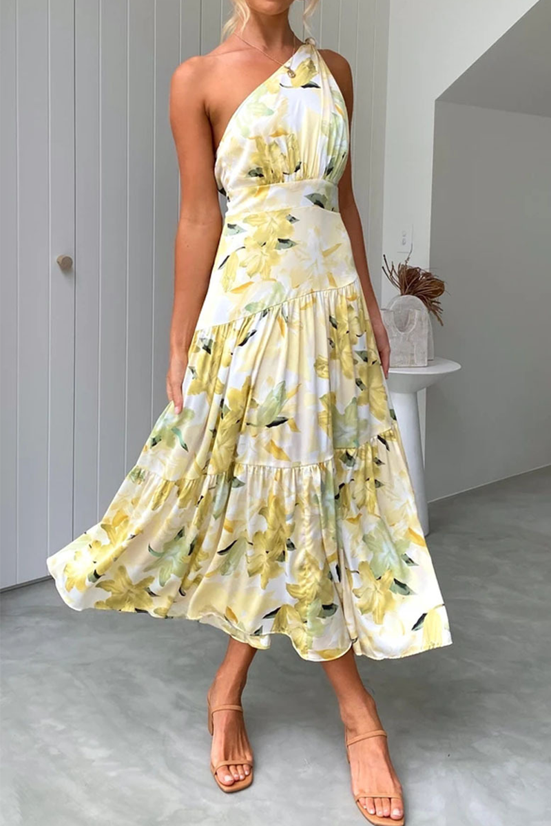 Casual Print Split Joint One Shoulder Cake Skirt Dresses