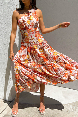 Casual Print Split Joint One Shoulder Cake Skirt Dresses