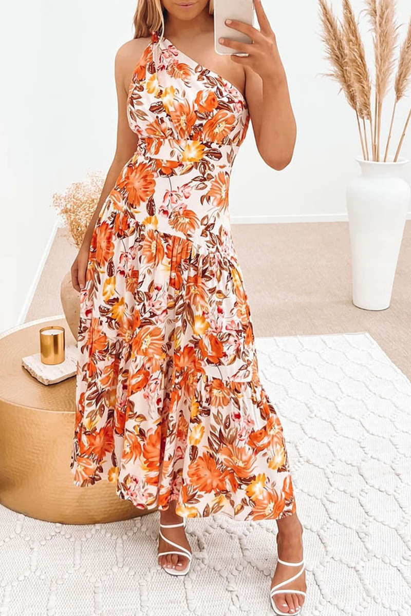 Casual Print Split Joint One Shoulder Cake Skirt Dresses