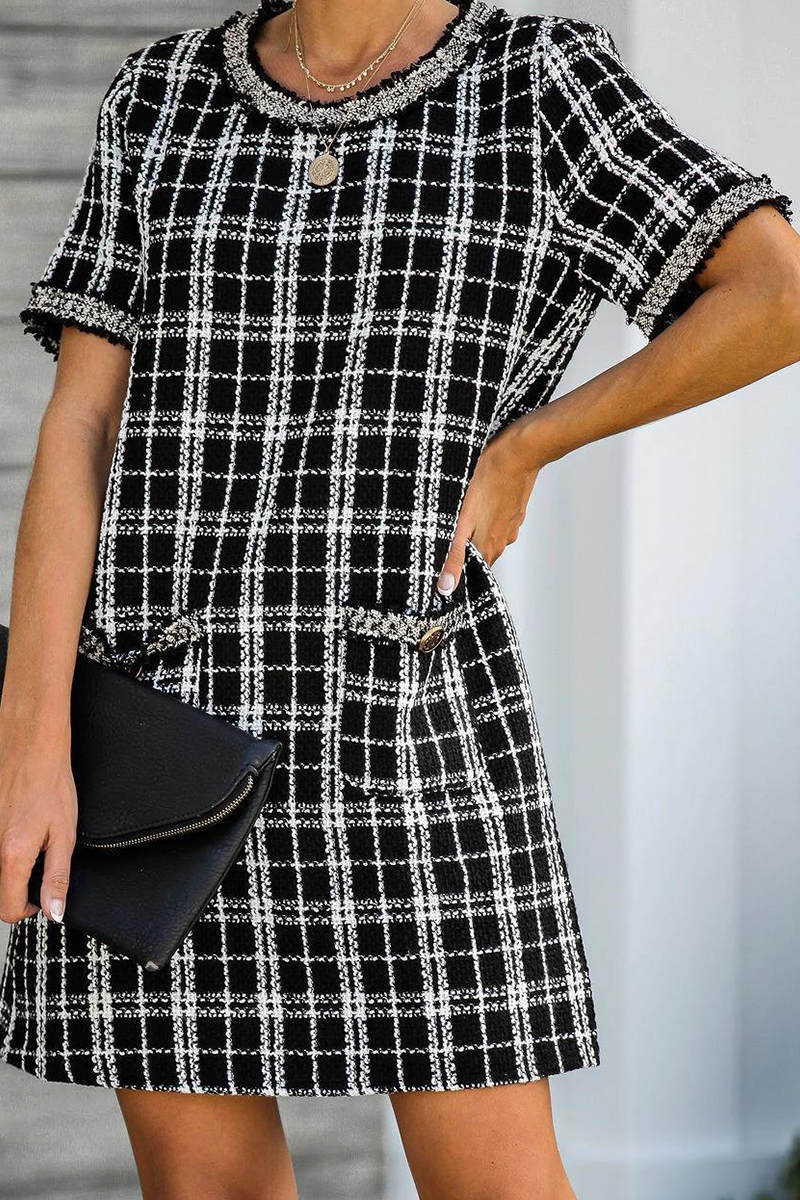 Casual Plaid Split Joint O Neck Straight Dresses