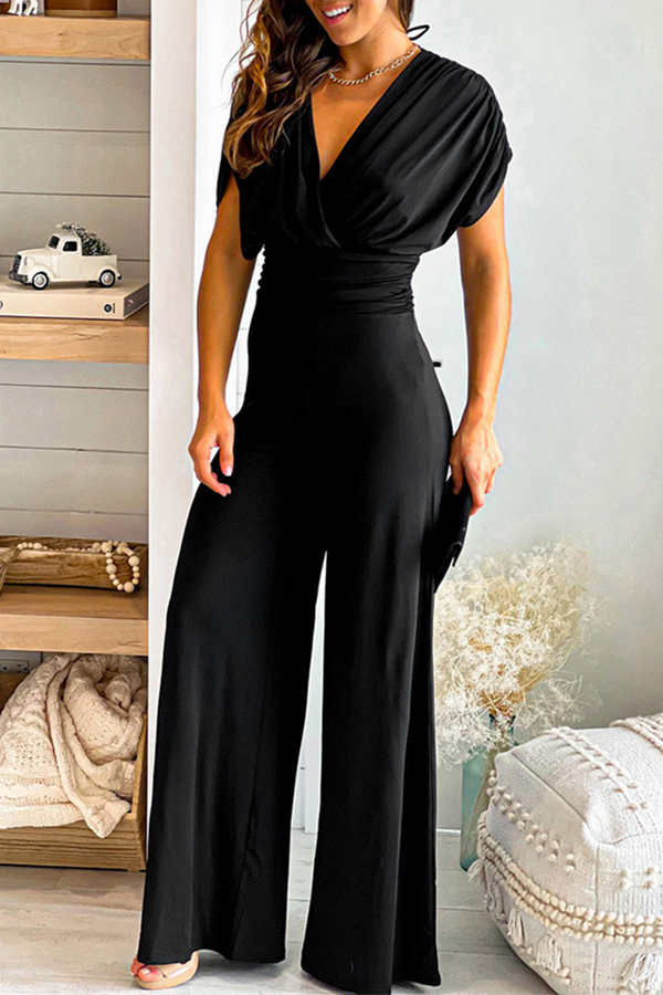 Casual Solid Split Joint V Neck Straight Jumpsuits