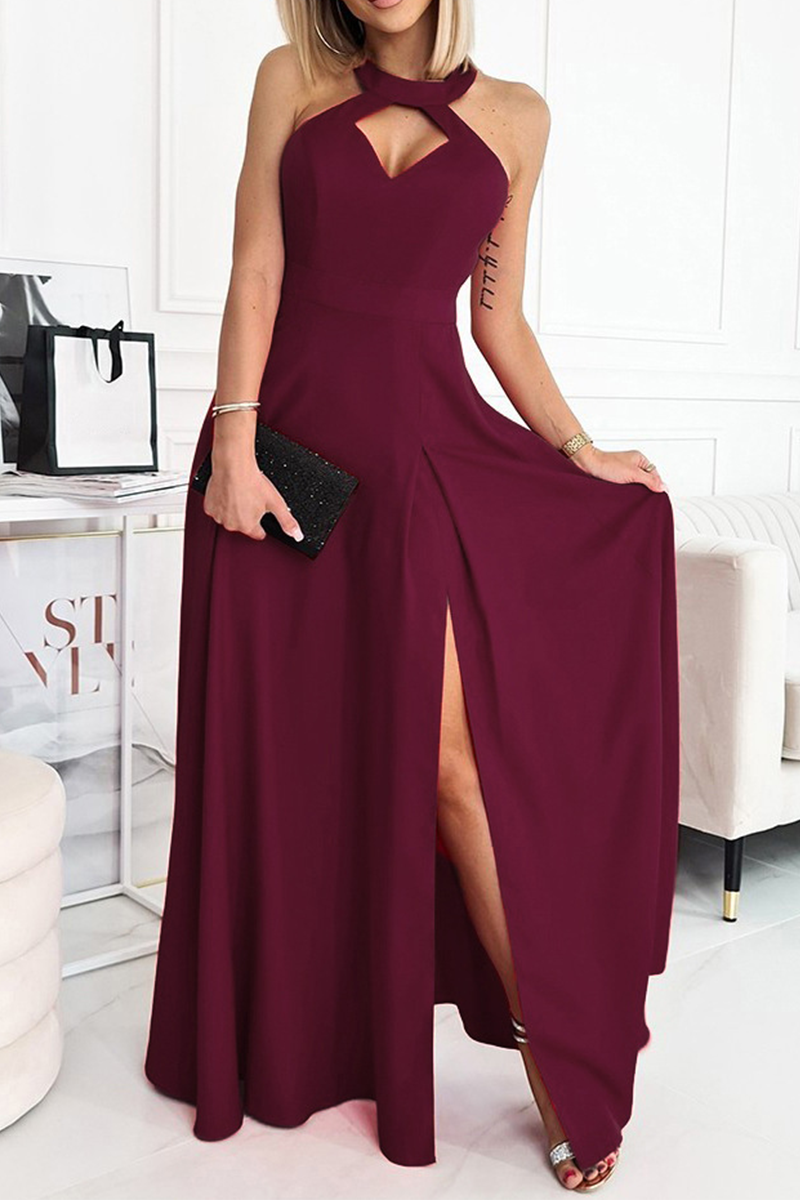 Fashion Solid Slit Halter Cake Skirt Dresses