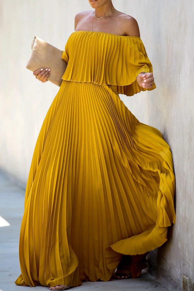 Fashion Solid Split Joint Off the Shoulder Cake Skirt Dresses