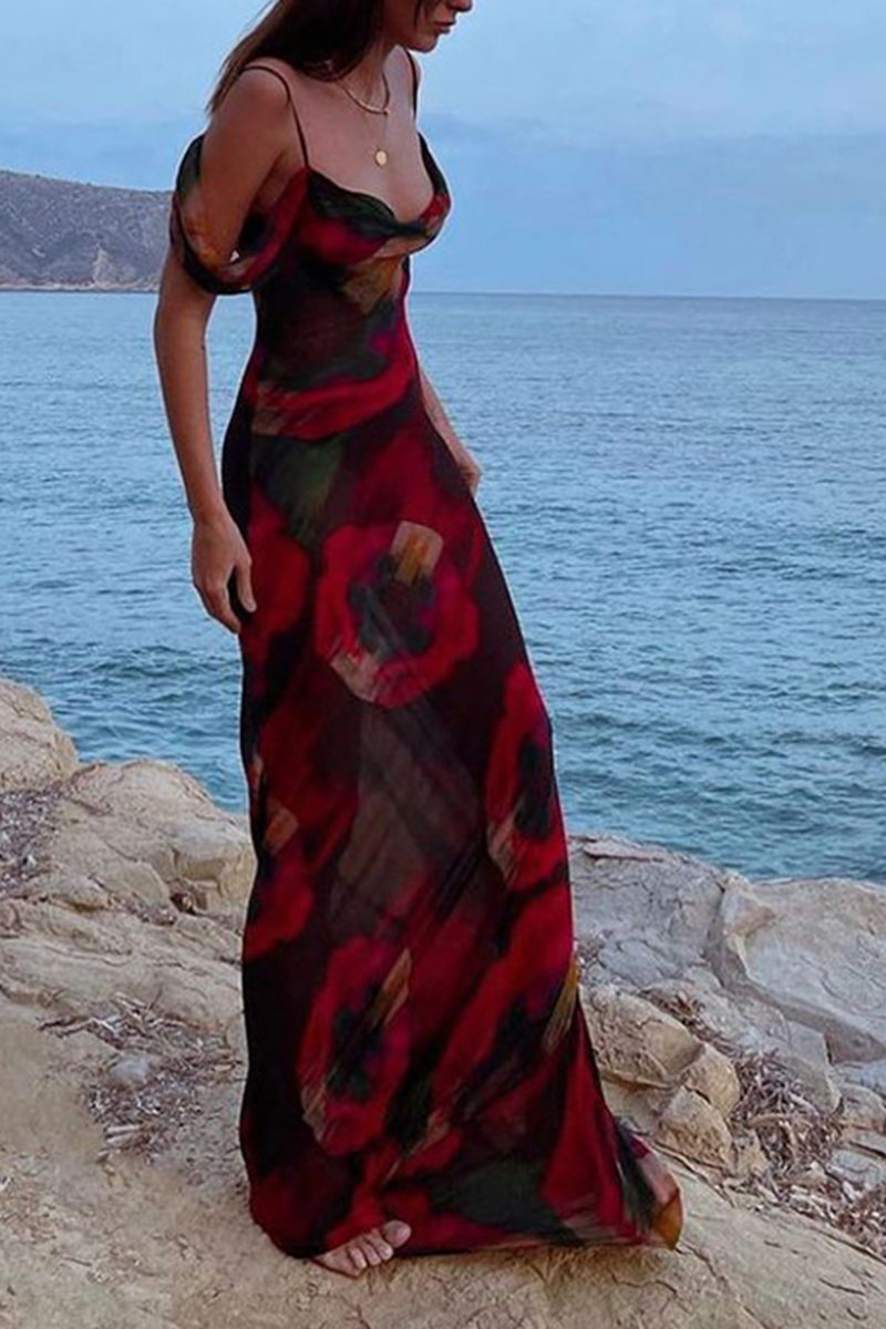 Fashion Print Split Joint Spaghetti Strap Trumpet Mermaid Dresses