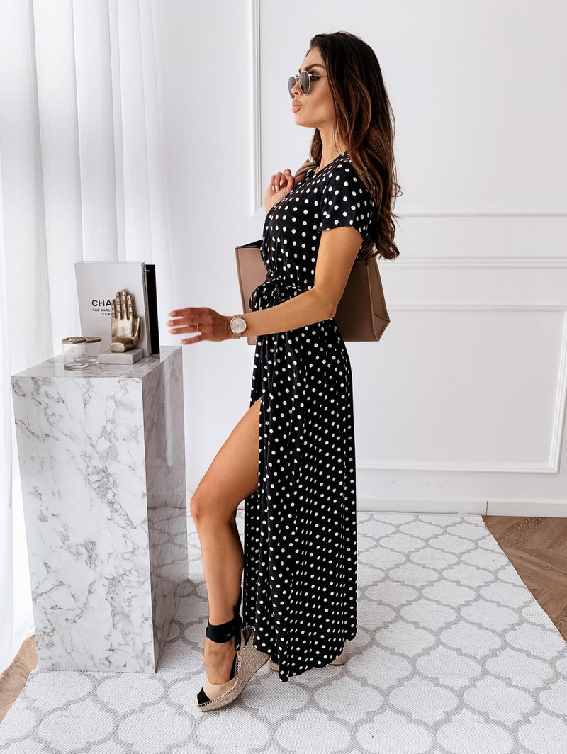 Polka Dot V Neck Side Split Short Sleeve Maxi Dress