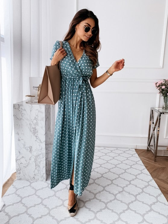 Polka Dot V Neck Side Split Short Sleeve Maxi Dress