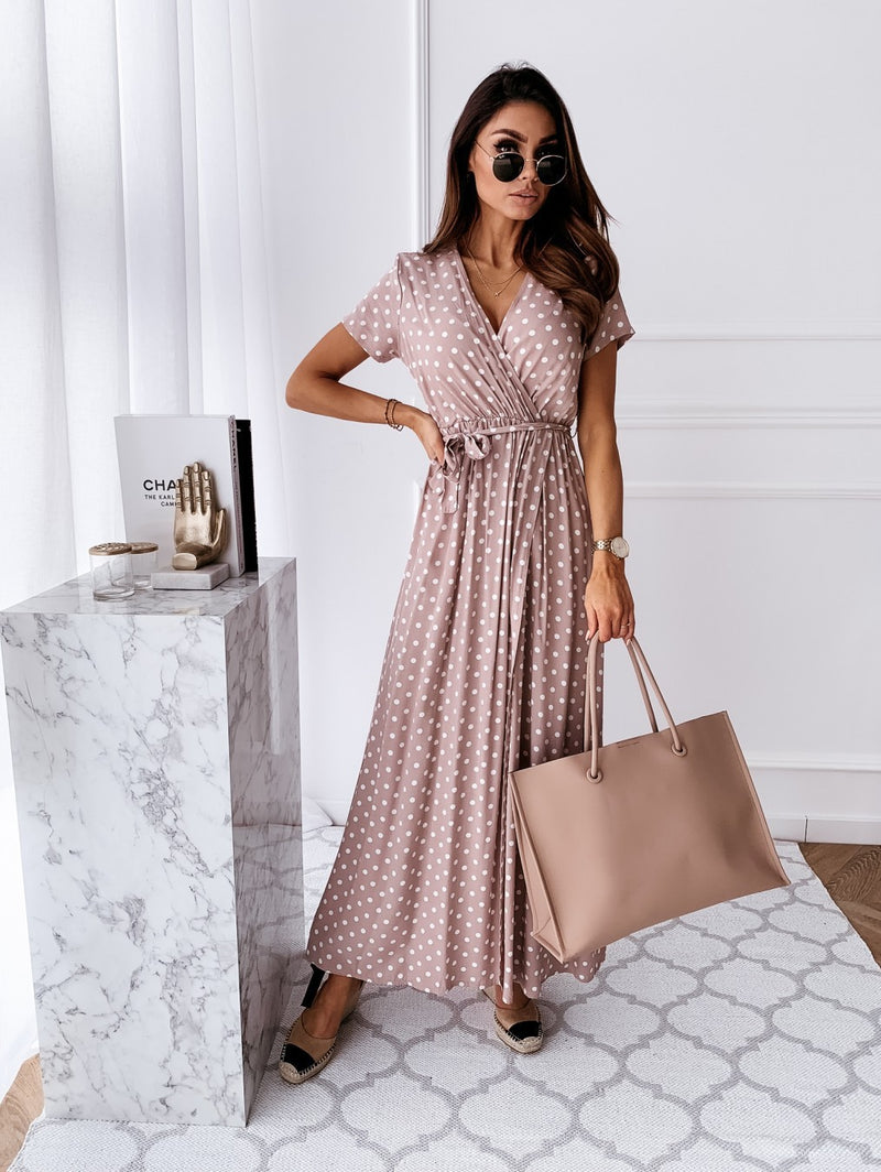 Polka Dot V Neck Side Split Short Sleeve Maxi Dress