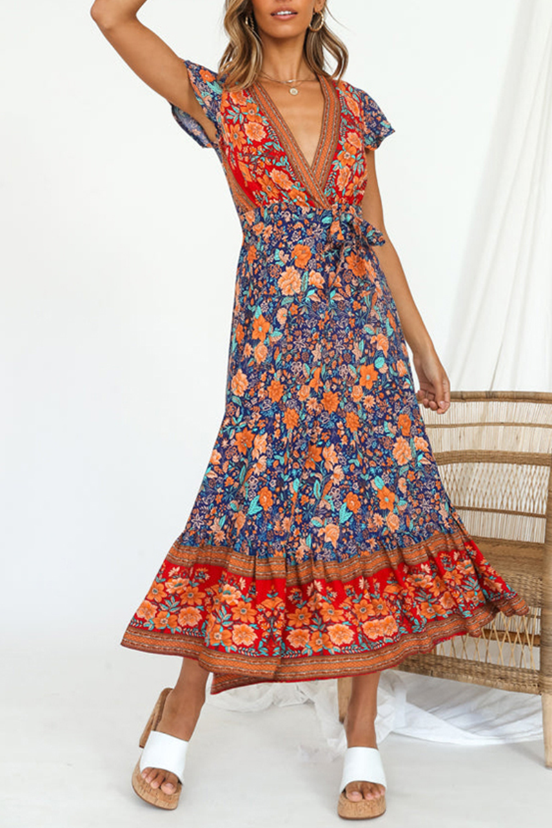 Fashion Print Split Joint V Neck Waist Skirt Dresses