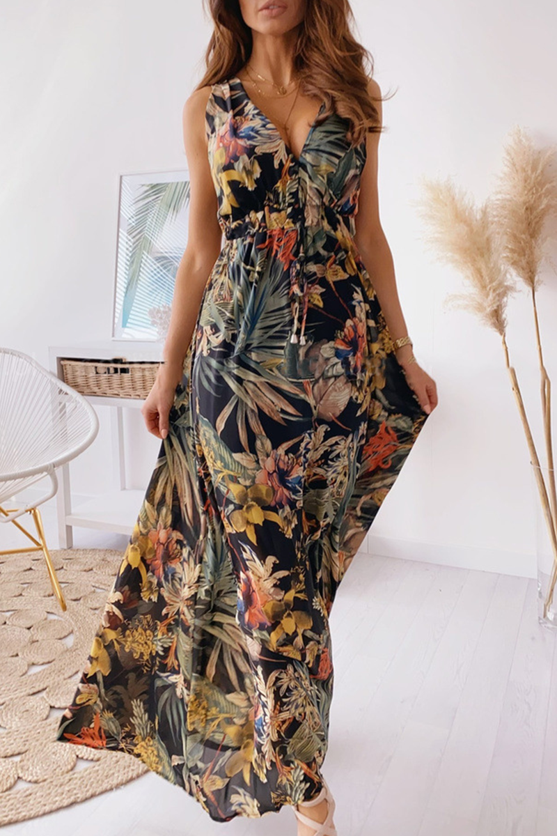 Casual Print Split Joint V Neck Waist Skirt Dresses