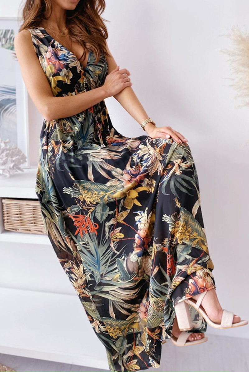 Casual Print Split Joint V Neck Waist Skirt Dresses