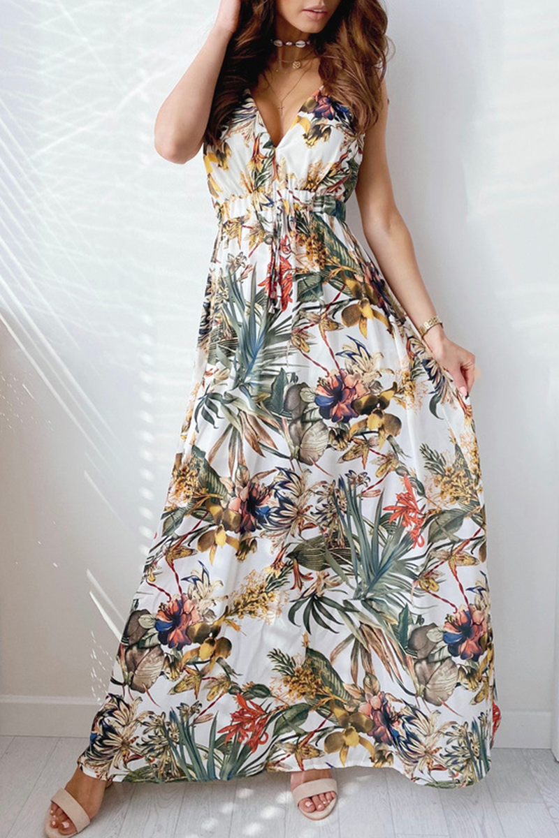 Casual Print Split Joint V Neck Waist Skirt Dresses