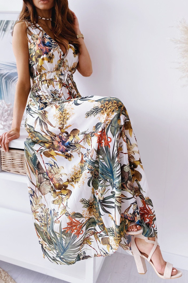 Casual Print Split Joint V Neck Waist Skirt Dresses