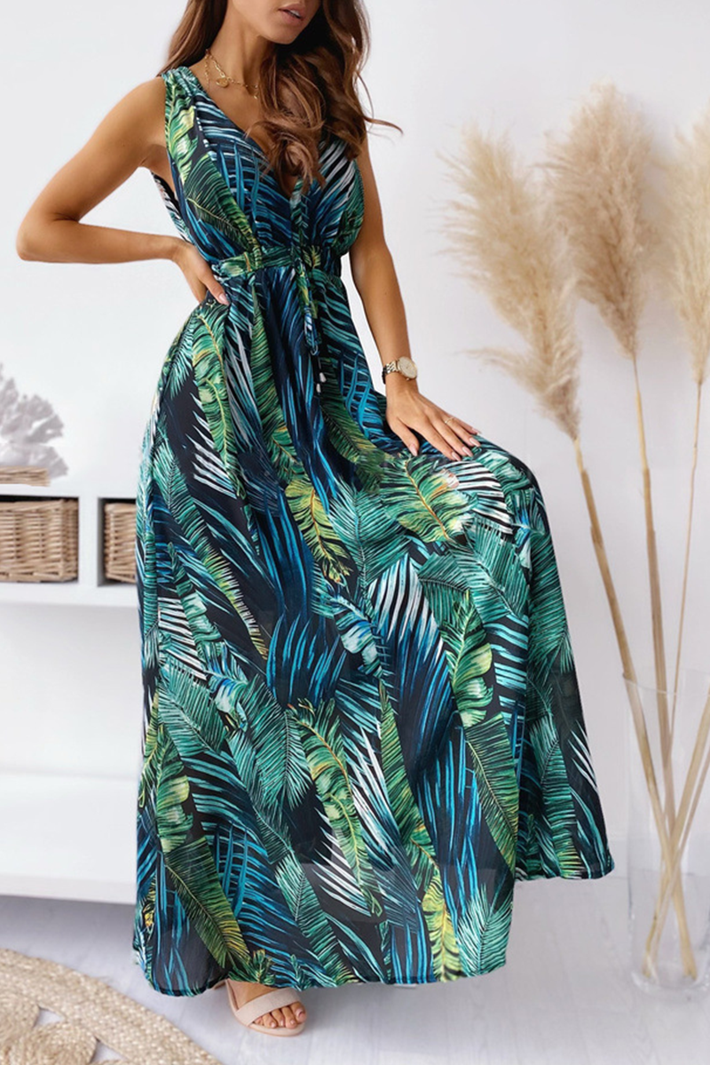 Casual Print Split Joint V Neck Waist Skirt Dresses