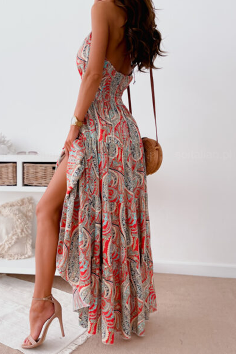 Fashion Print Split Joint Halter Waist Skirt Dresses