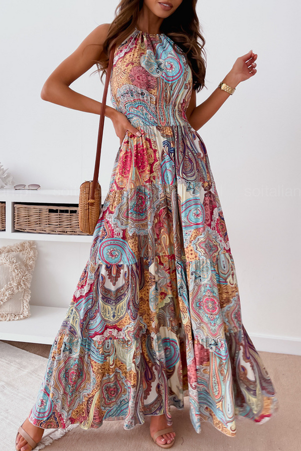 Fashion Print Split Joint Halter Waist Skirt Dresses