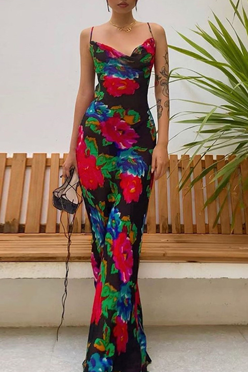 Sexy Print Split Joint Spaghetti Strap Pencil Skirt Dresses