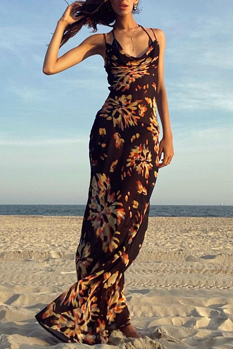 Sexy Print Split Joint Spaghetti Strap Pencil Skirt Dresses