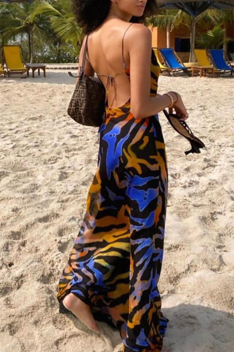 Sexy Print Split Joint Spaghetti Strap Pencil Skirt Dresses