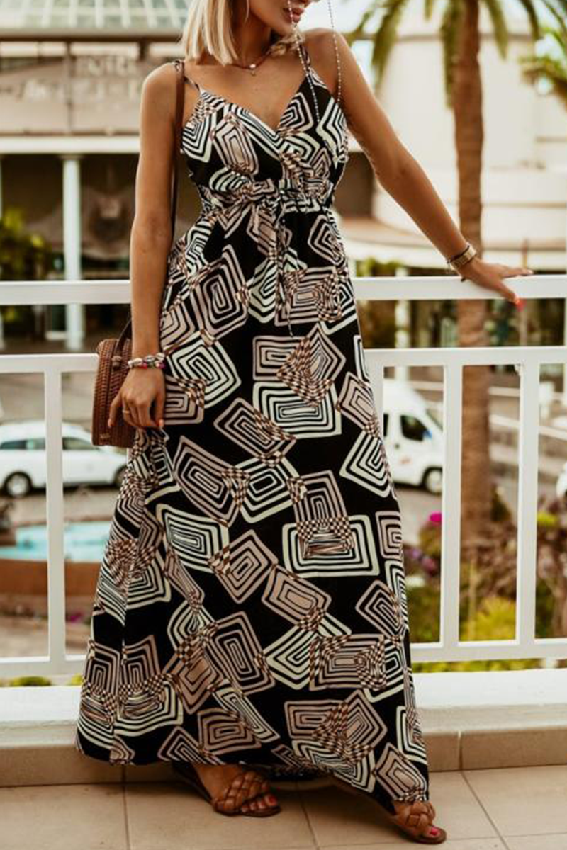 Casual Print Split Joint Spaghetti Strap Waist Skirt Dresses