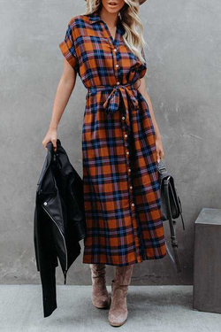 Casual Plaid Split Joint Turndown Collar Shirt Dress Dresses