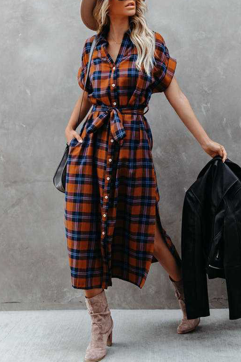 Casual Plaid Split Joint Turndown Collar Shirt Dress Dresses