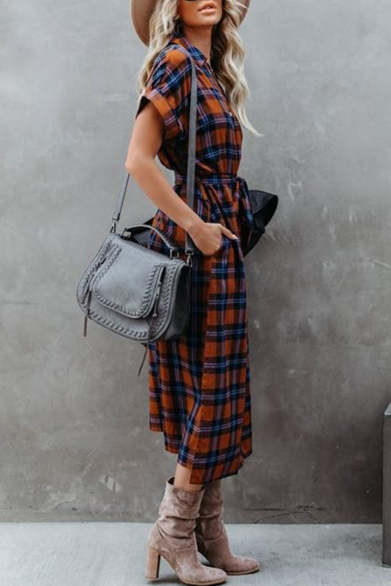 Casual Plaid Split Joint Turndown Collar Shirt Dress Dresses