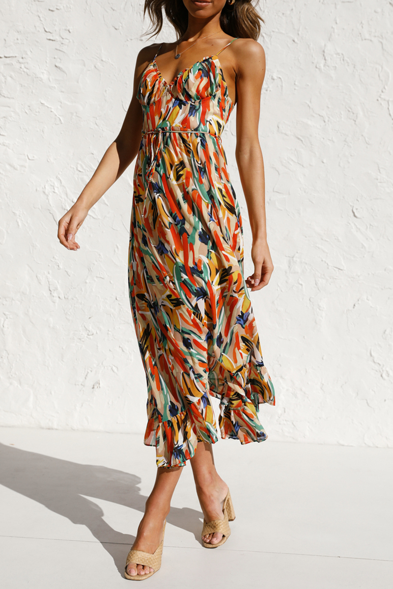 Fashion Print Split Joint Spaghetti Strap Cake Skirt Dresses