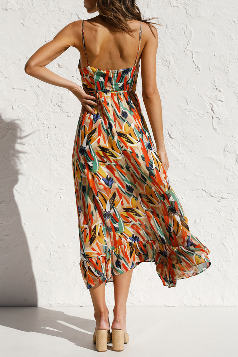 Fashion Print Split Joint Spaghetti Strap Cake Skirt Dresses