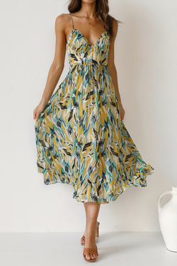 Fashion Print Split Joint Spaghetti Strap Cake Skirt Dresses