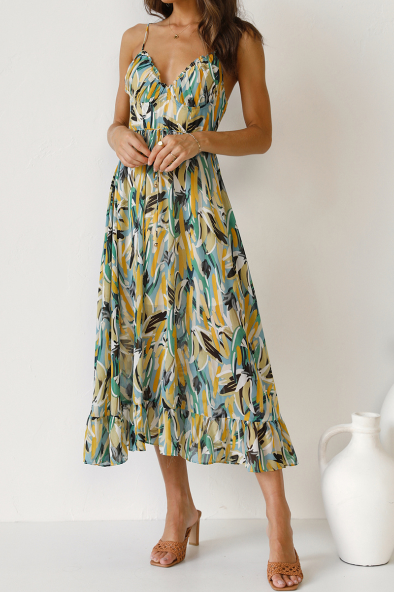 Fashion Print Split Joint Spaghetti Strap Cake Skirt Dresses