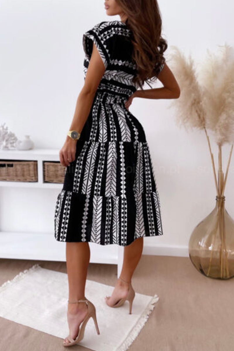 Casual Print Split Joint O Neck Waist Skirt Dresses(3 colors)