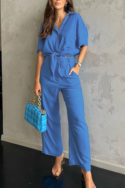 Fashion Solid Split Joint Turndown Collar Short Sleeve Two Pieces