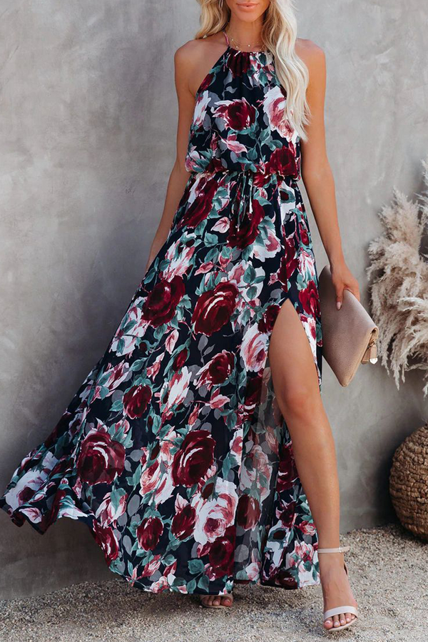 Fashion Print Split Joint Halter Waist Skirt Dresses