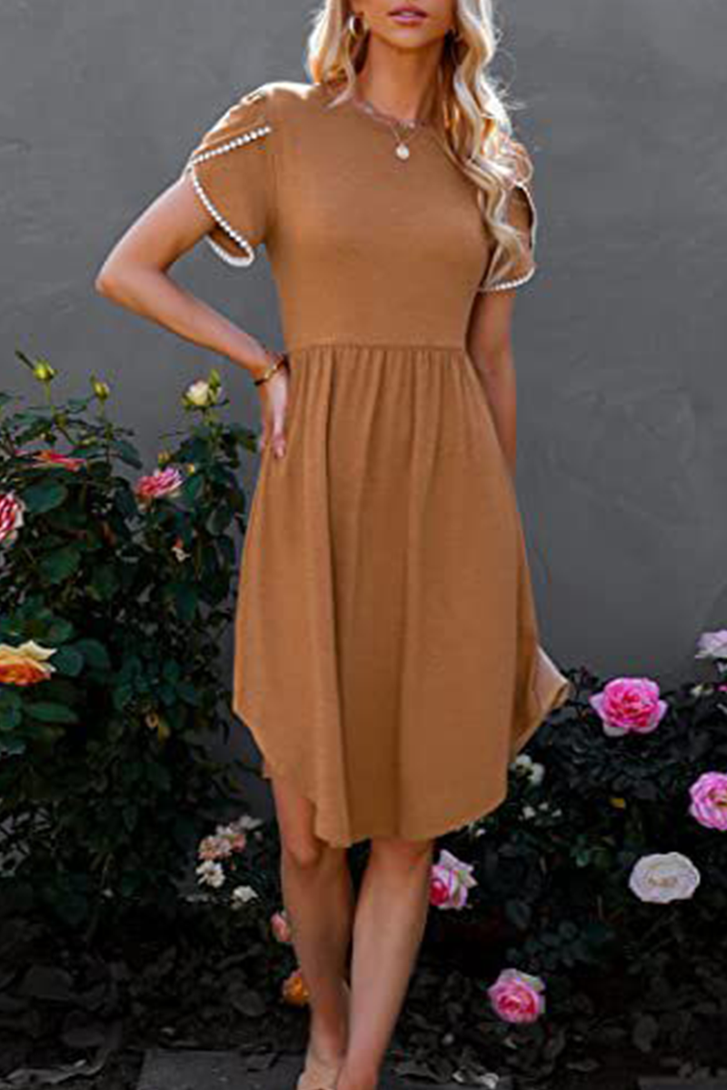 Casual Solid Split Joint O Neck Waist Skirt Dresses(5 colors)