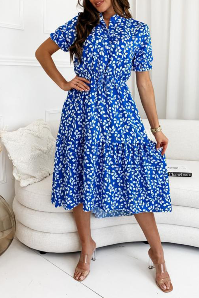 Casual Print Flounce O Neck Cake Skirt Dresses