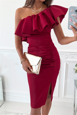 Casual Solid Flounce One Shoulder Pencil Skirt Dresses(3 colors)